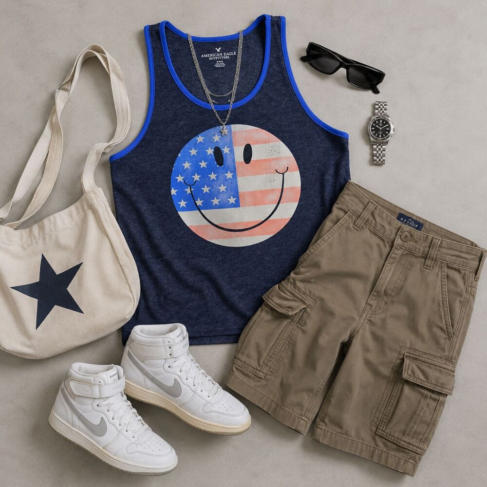American Eagle Smiley Flag Graphic Tank Top Navy Men’s Medium Patriotic Y2K